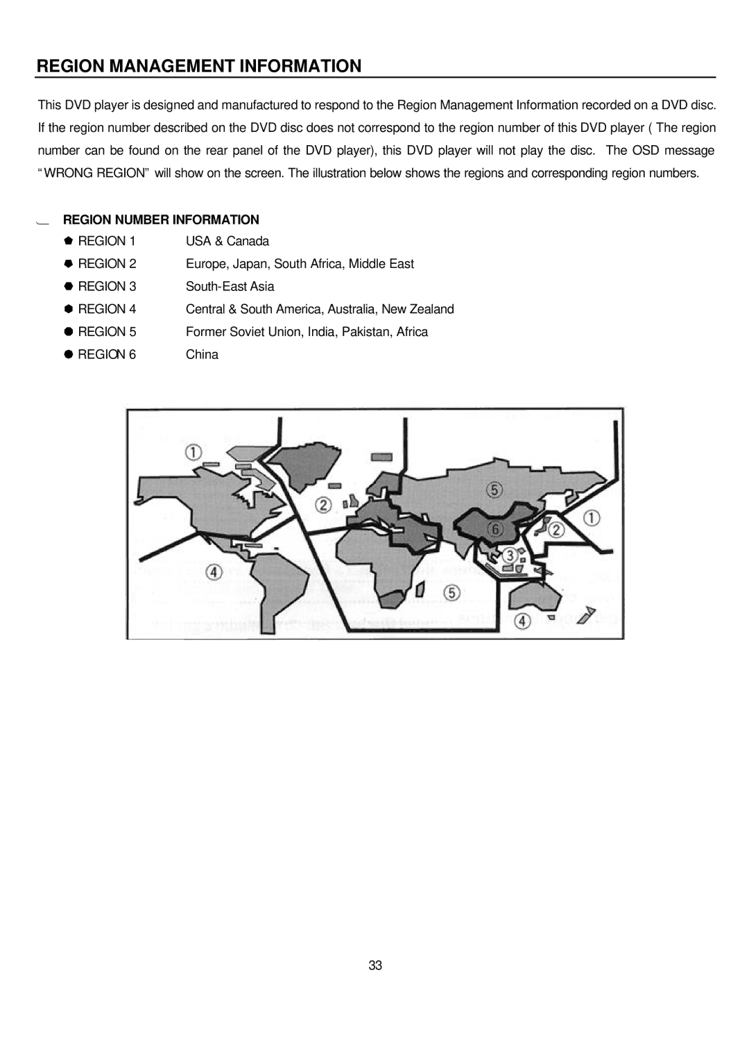 Sampo DVE-6xx manual Region Management Information, Region Number Information 