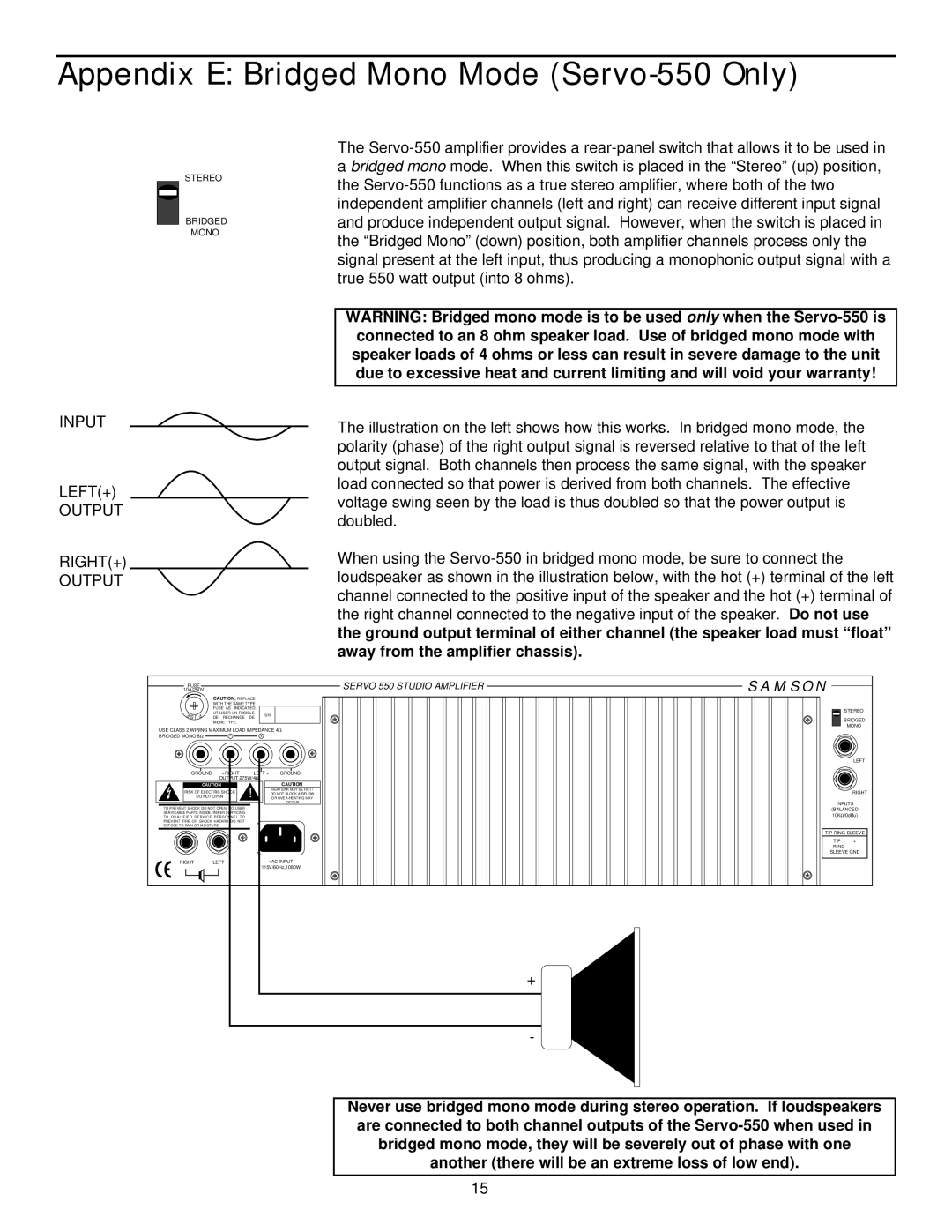 Samson 170 owner manual Appendix E Bridged Mono Mode Servo-550 Only, Input LEFT+ Output RIGHT+ 