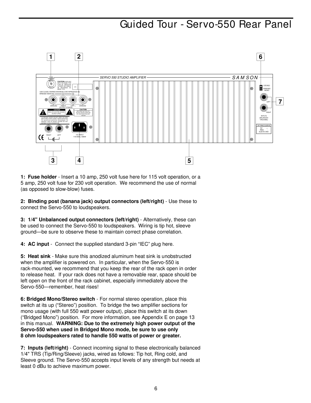 Samson 170 owner manual Guided Tour Servo-550 Rear Panel, Servo 550 Studio Amplifier 