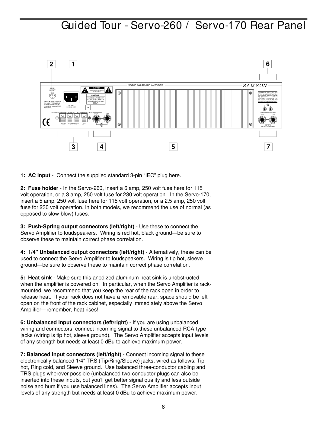 Samson owner manual Guided Tour Servo-260 / Servo-170 Rear Panel, Servo 260 Studio Amplifier 