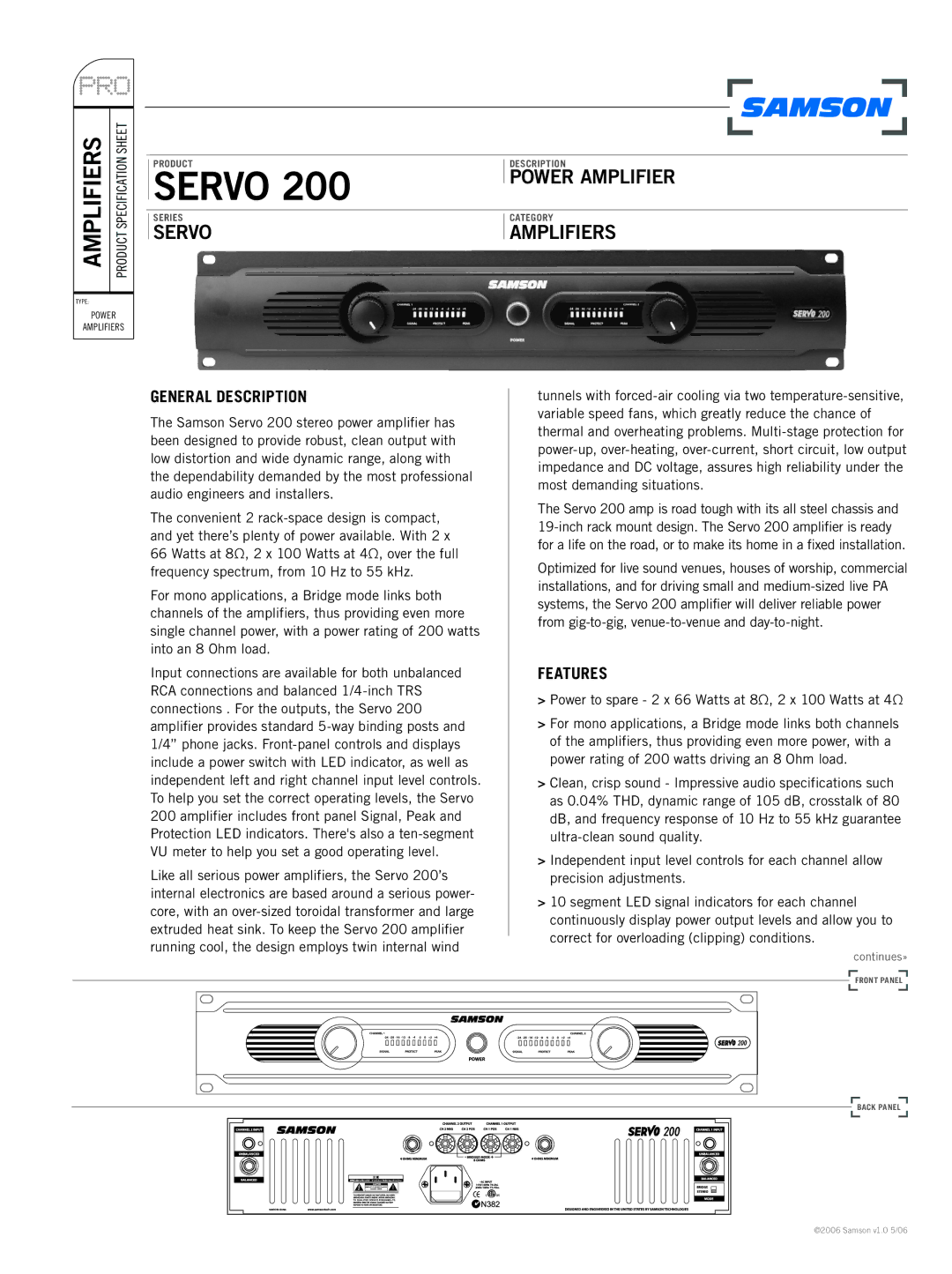 Samson 200 specifications General Description, Features 