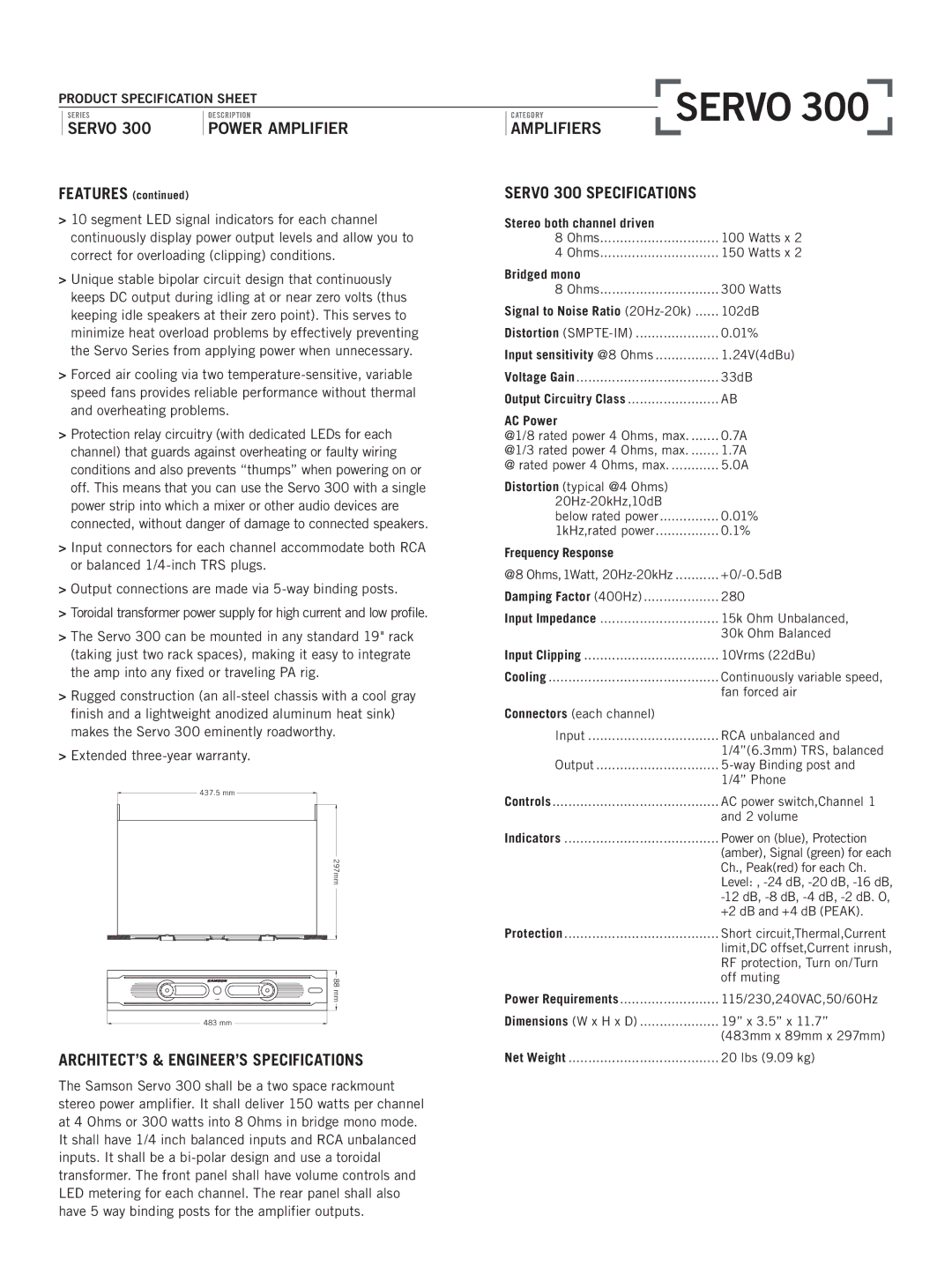 Samson specifications ARCHITECT’S & ENGINEER’S Specifications, Servo 300 Specifications 