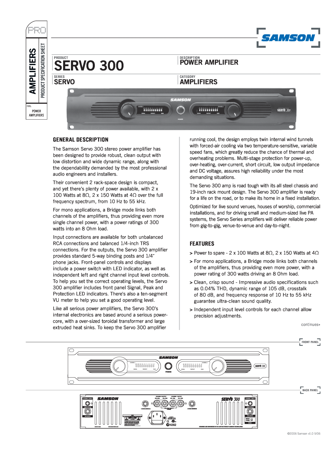 Samson 300 specifications General Description, Features, Servo, Amplifiers, Power Amplifier 
