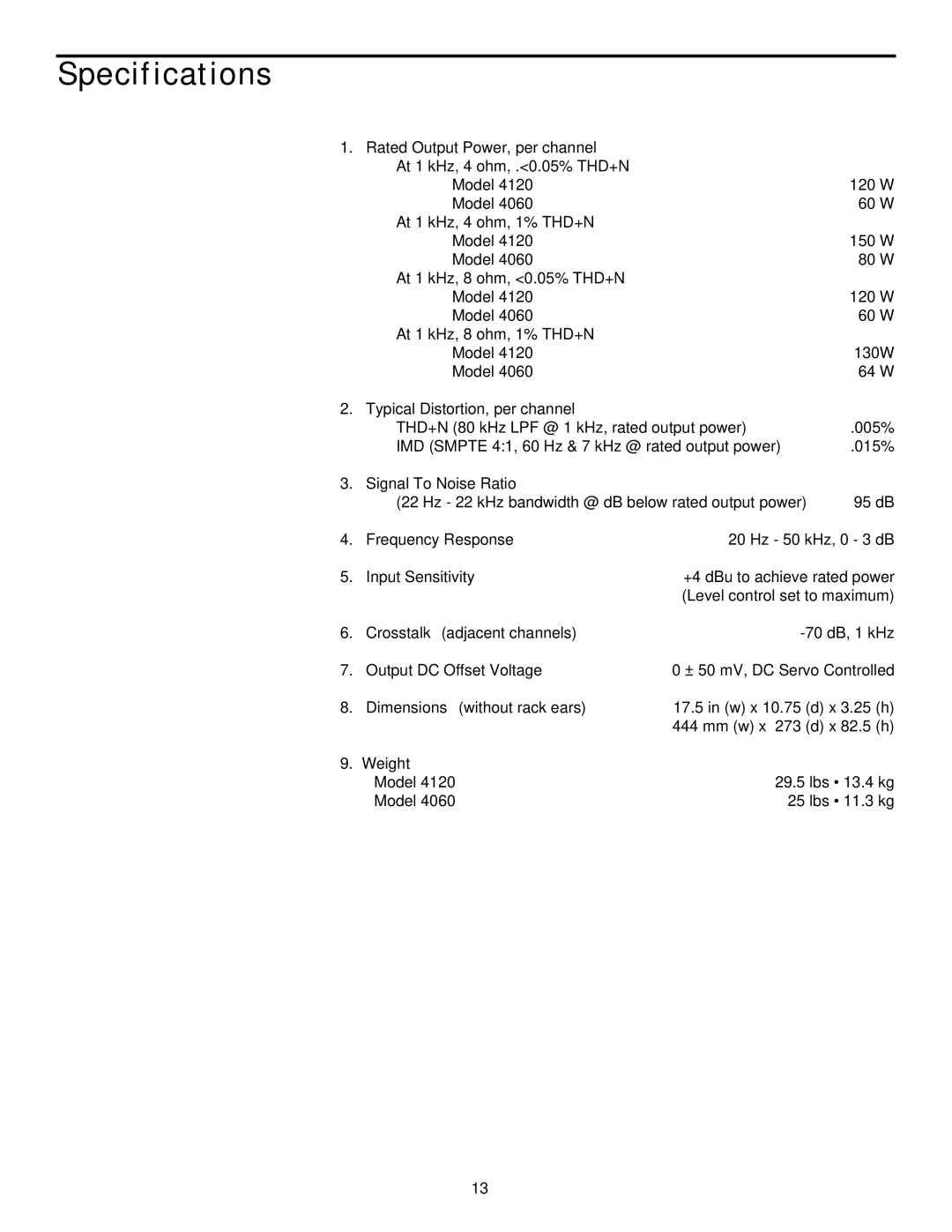 Samson 4060/4120 owner manual Specifications, Rated Output Power, per channel 