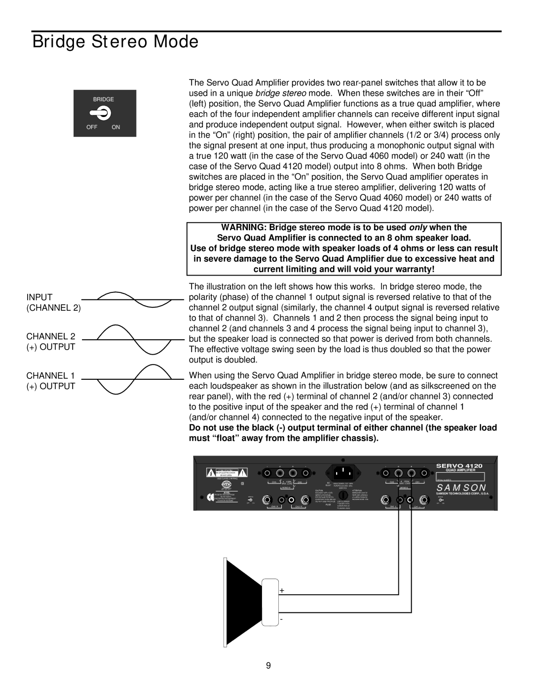 Samson 4060/4120 owner manual Bridge Stereo Mode, Input Channel + Output 