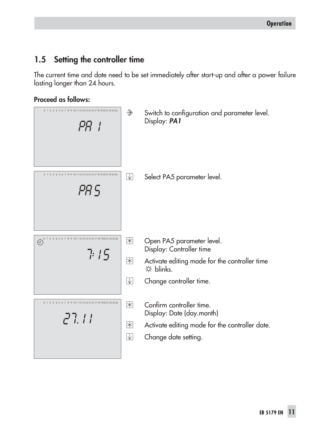 Samson 5179, 5100 Setting the controller time, Switch to configuration and parameter level. Display PA1 