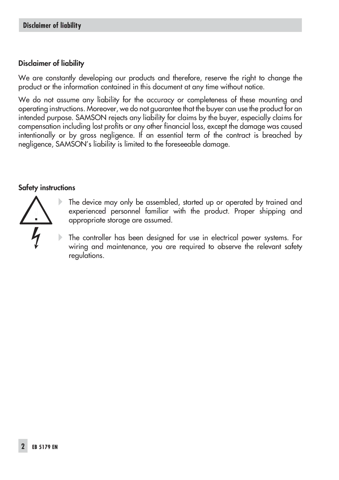 Samson 5100, 5179 operating instructions Disclaimer of liability 