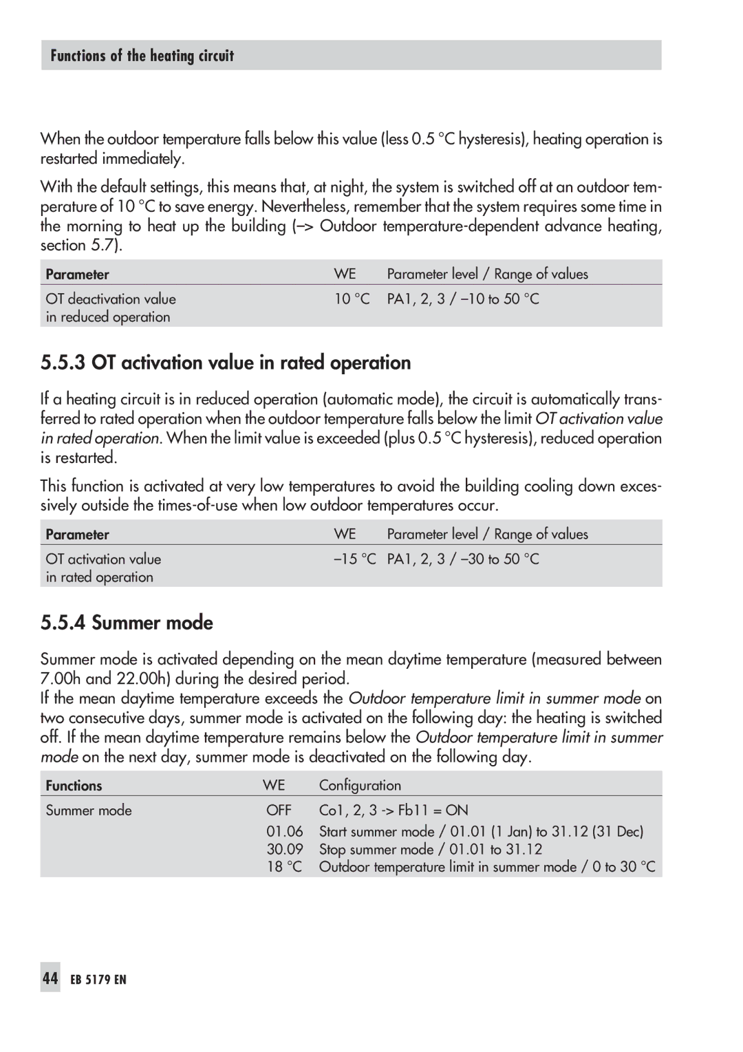 Samson 5100, 5179 operating instructions OT activation value in rated operation, Summer mode 