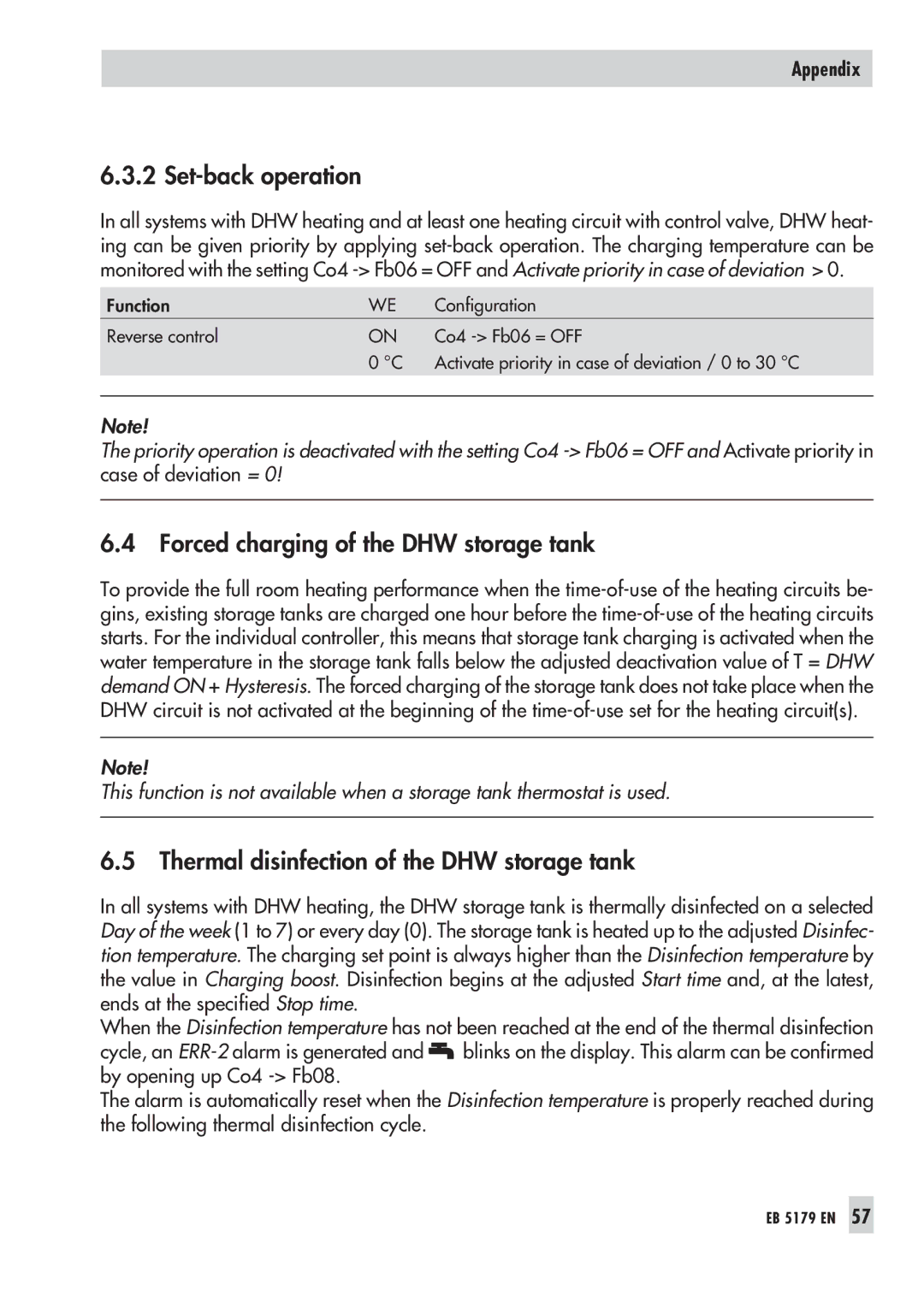 Samson 5179 Set-back operation, Forced charging of the DHW storage tank, Thermal disinfection of the DHW storage tank 