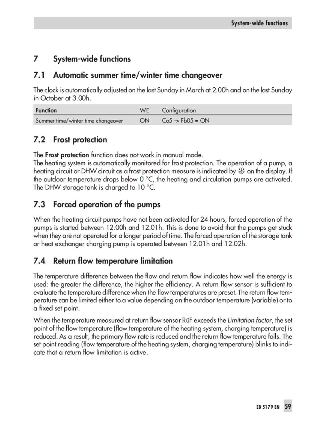 Samson 5179, 5100 operating instructions Frost protection, Forced operation of the pumps, Return flow temperature limitation 