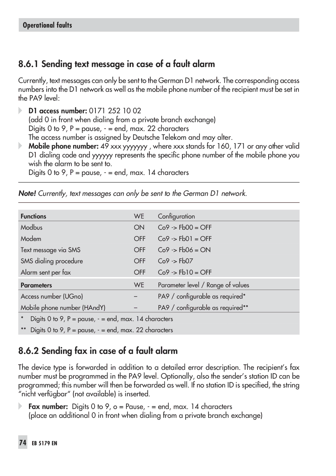 Samson 5100, 5179 operating instructions Sending text message in case of a fault alarm, Sending fax in case of a fault alarm 