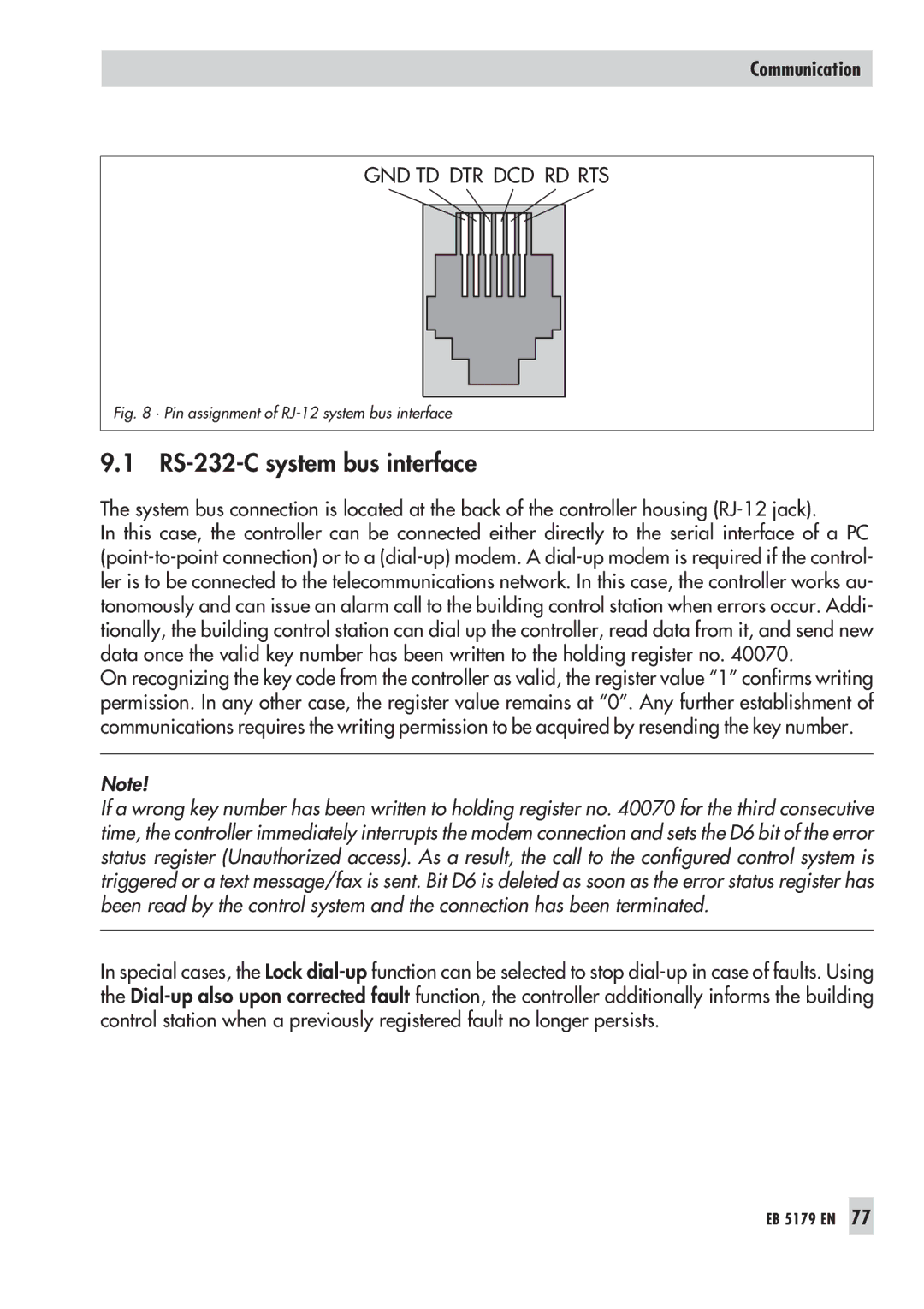 Samson 5179, 5100 operating instructions RS-232-C system bus interface, · Pin assignment of RJ-12 system bus interface 