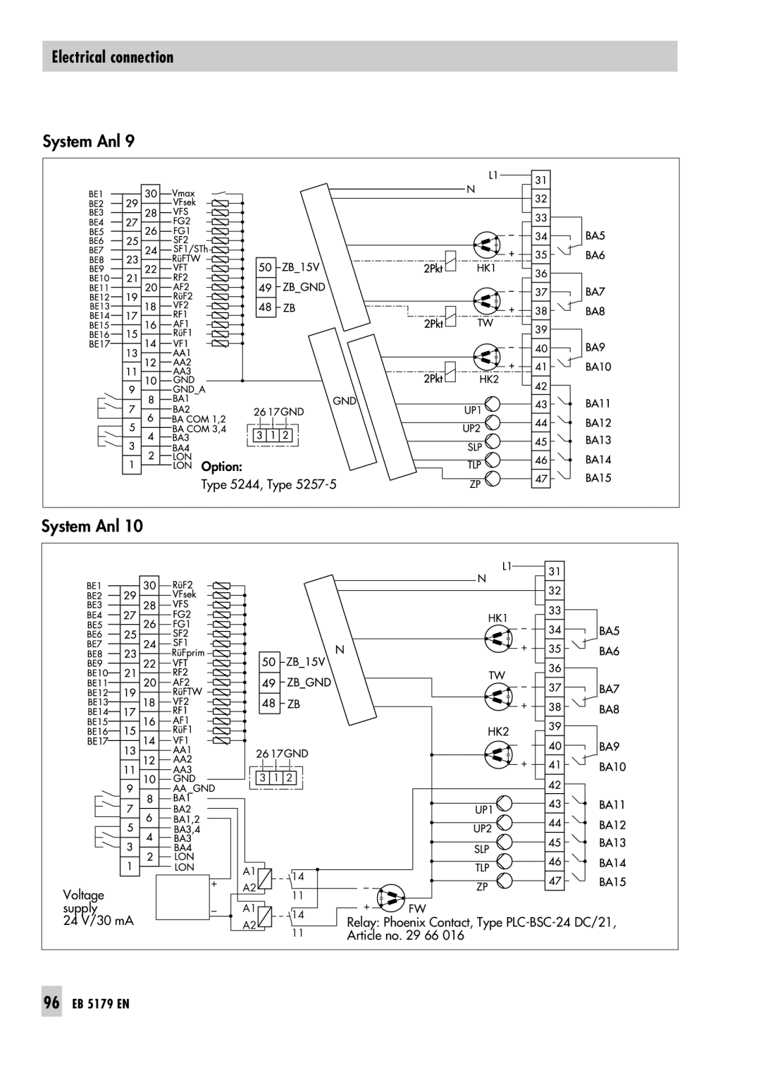 Samson 5100 Electrical connection, Option, Voltage supply 24 V/30 mA, Article no. 29 66, 96EB 5179 EN 