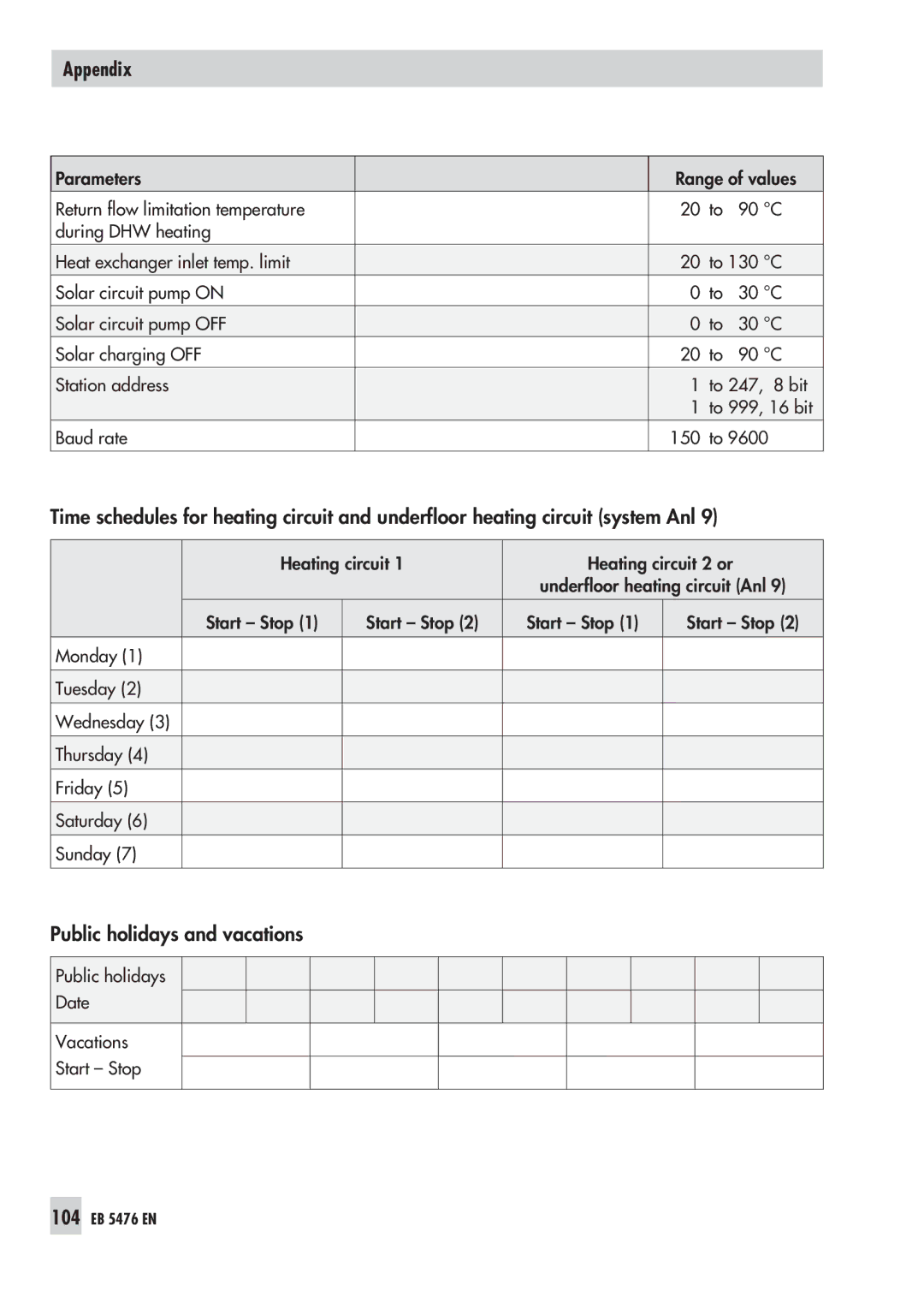 Samson 5476 manual Public holidays and vacations 