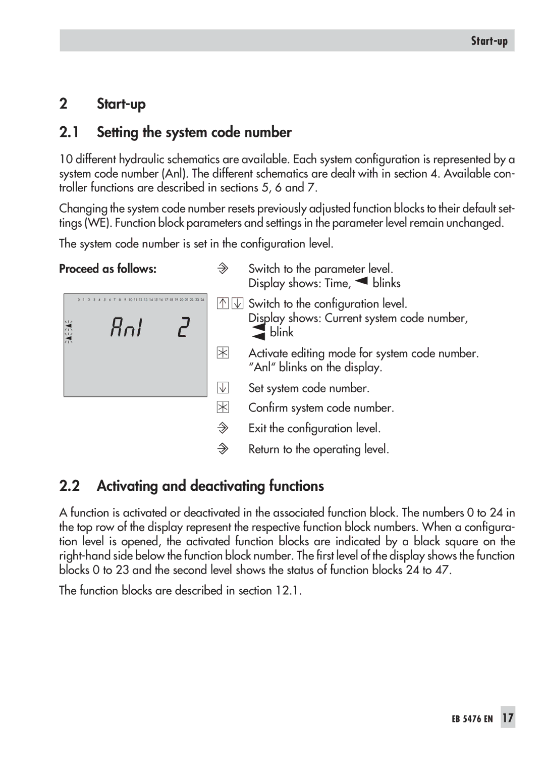 Samson 5476 manual Start-up Setting the system code number, Activating and deactivating functions 