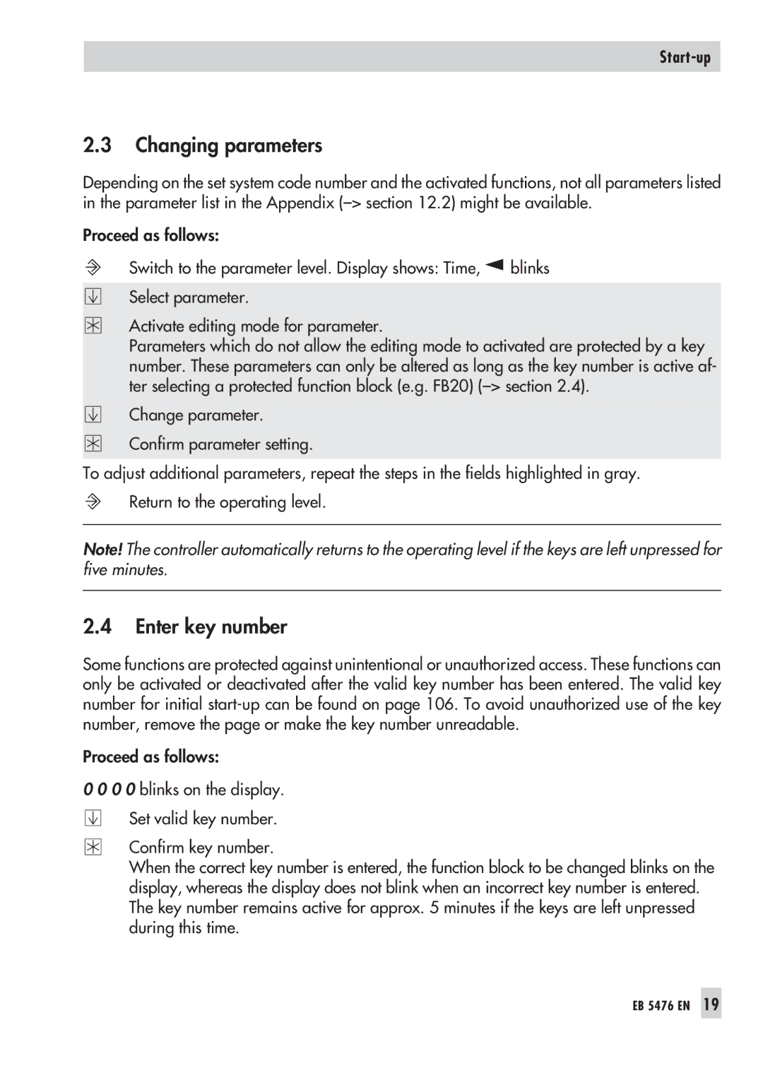 Samson 5476 manual Changing parameters, Enter key number 