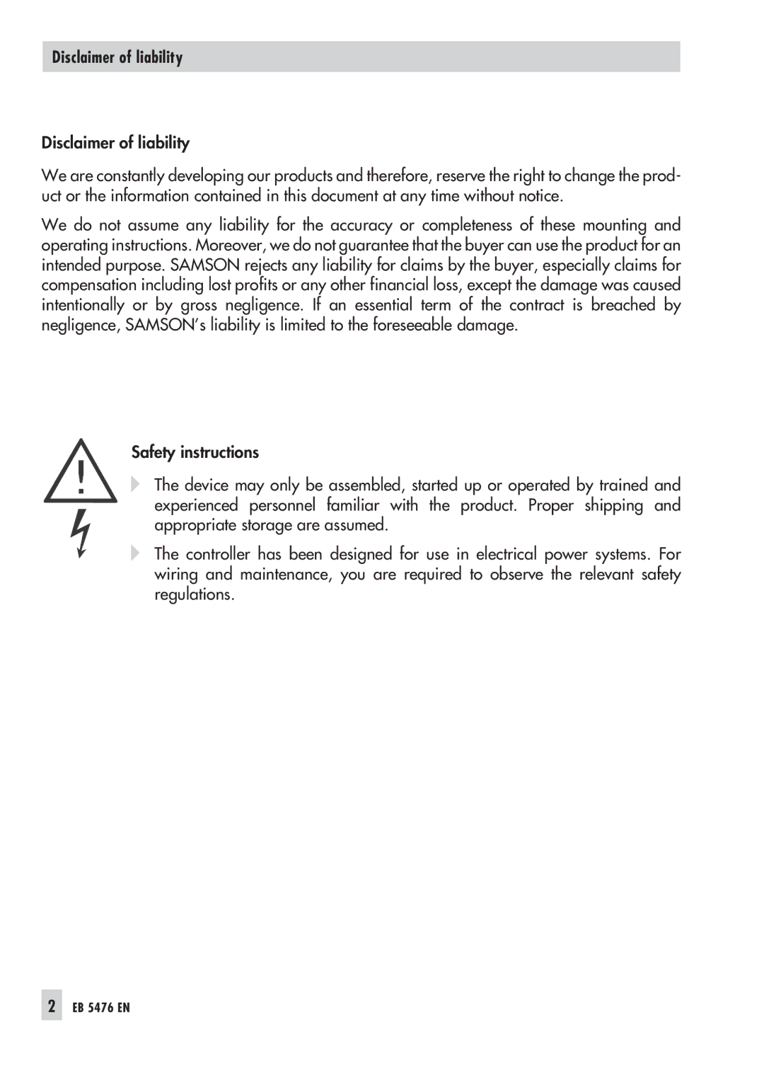 Samson 5476 manual Disclaimer of liability 