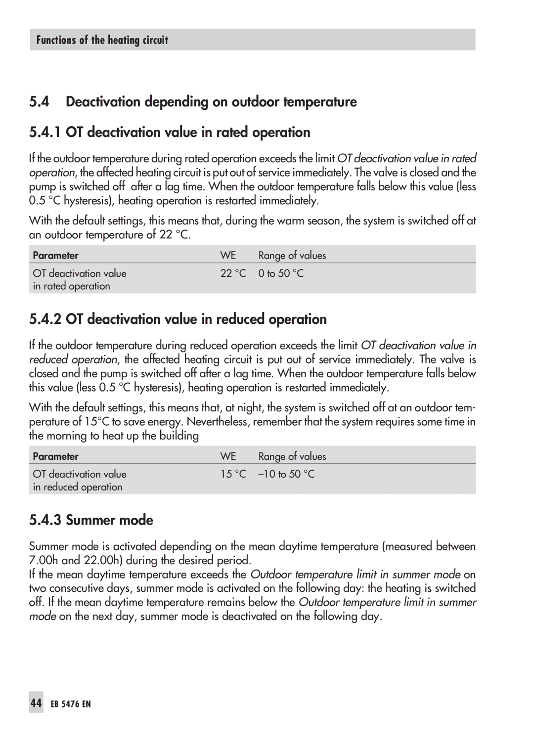 Samson 5476 manual OT deactivation value in reduced operation, Summer mode 