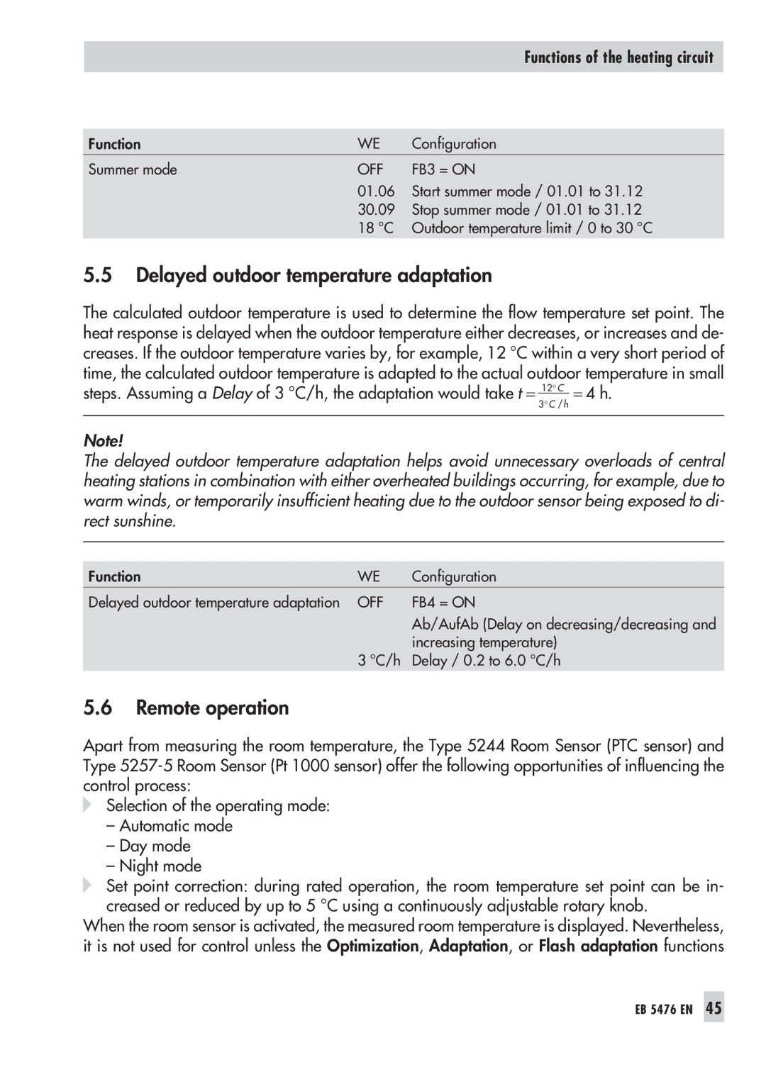 Samson 5476 manual Delayed outdoor temperature adaptation, Remote operation 