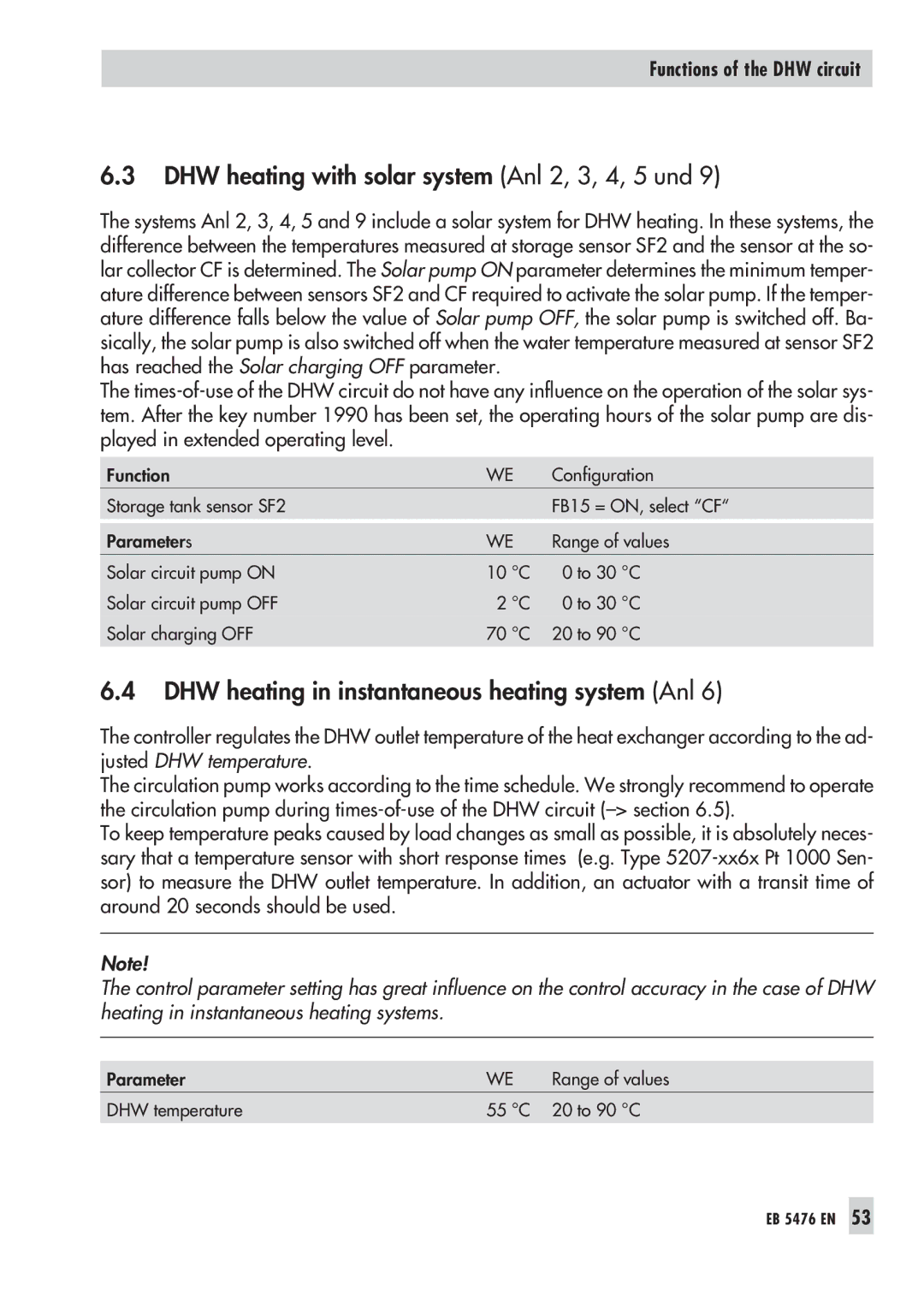 Samson 5476 manual DHW heating with solar system Anl 2, 3, 4, 5 und, DHW heating in instantaneous heating system Anl 
