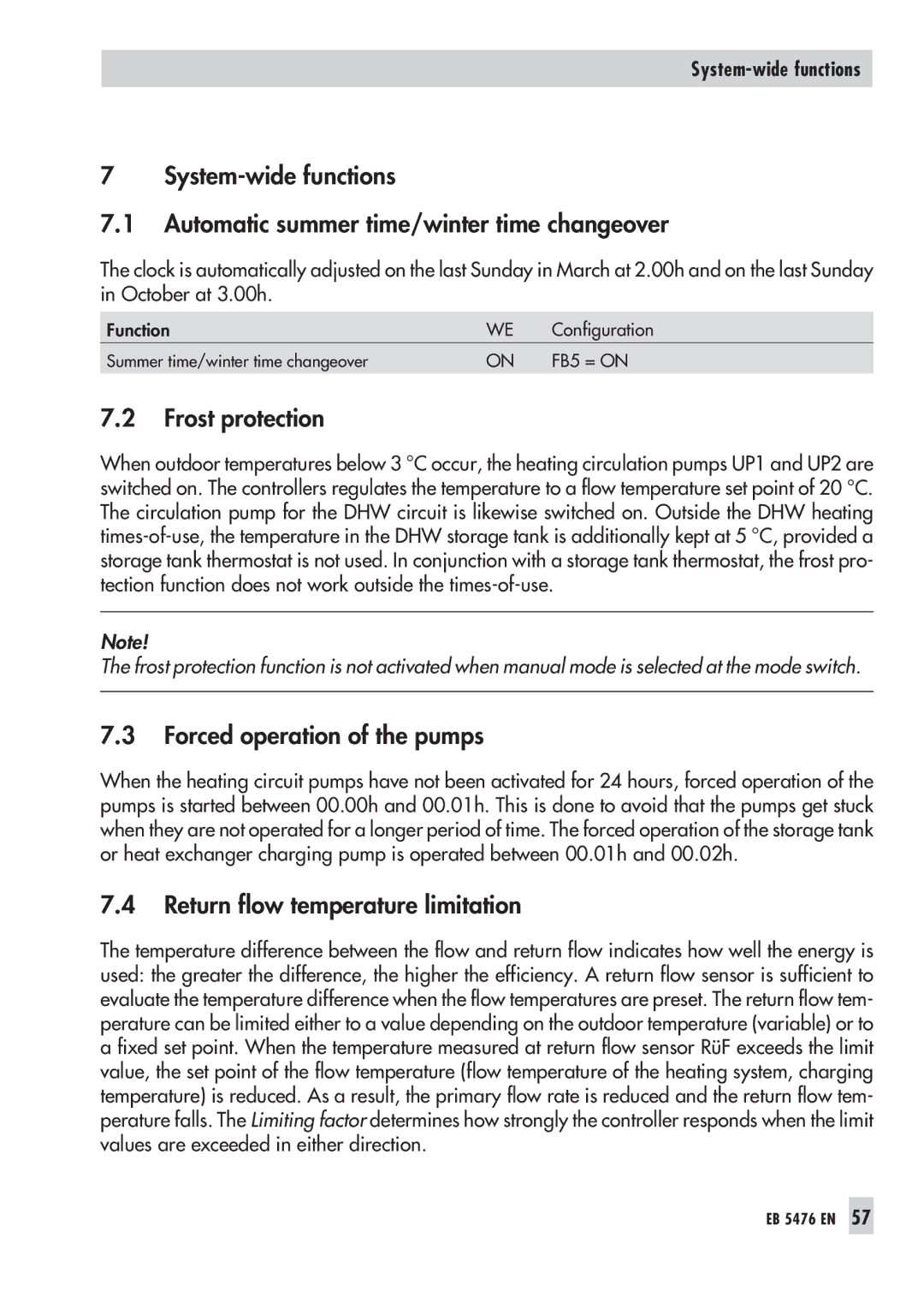 Samson 5476 manual Frost protection, Forced operation of the pumps, Return flow temperature limitation 