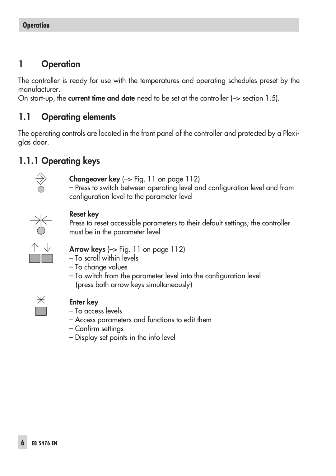 Samson 5476 manual Operation, Operating elements, Operating keys 