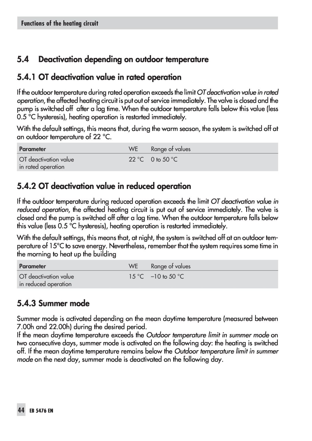 Samson 5476 manual 5.4Deactivation depending on outdoor temperature, OT deactivation value in rated operation, Summer mode 