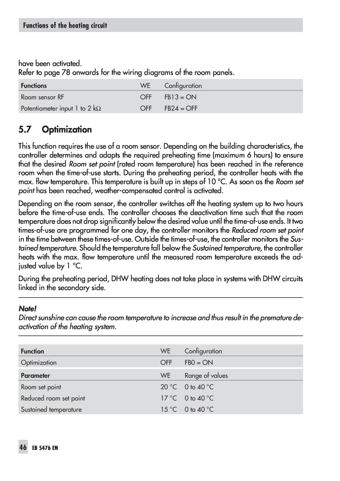 Samson 5476 manual 5.7Optimization, Functions of the heating circuit 