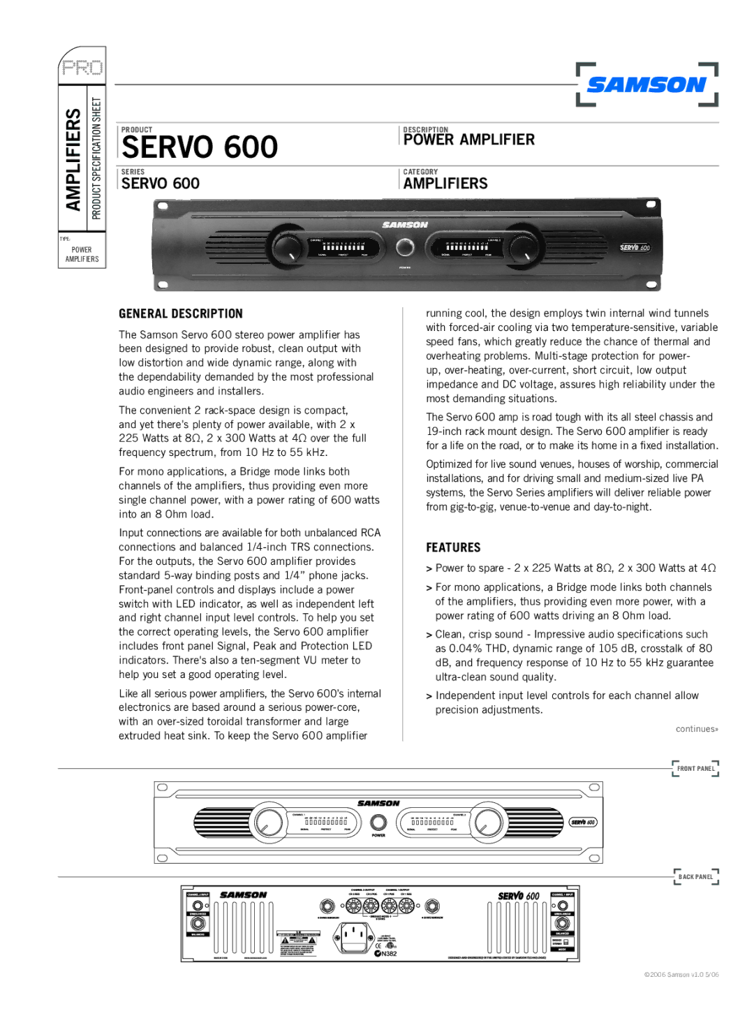 Samson 600 specifications General Description, Features 