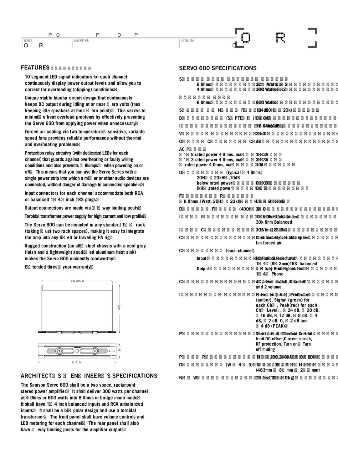 Samson specifications ARCHITECT’S & ENGINEER’S Specifications, Servo 600 Specifications 