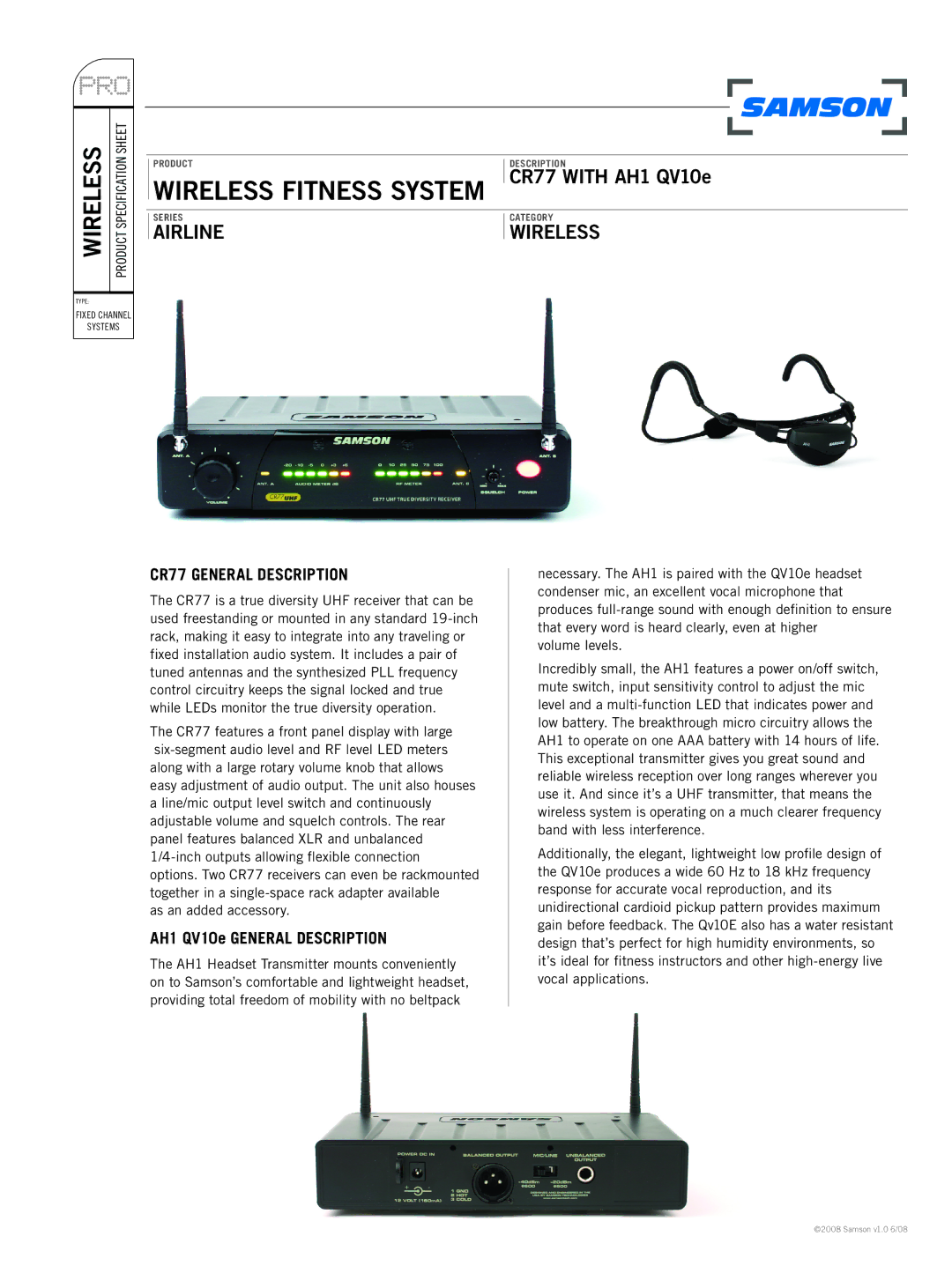 Samson specifications Airline, Wireless, CR77 General Description, AH1 QV10e General Description 