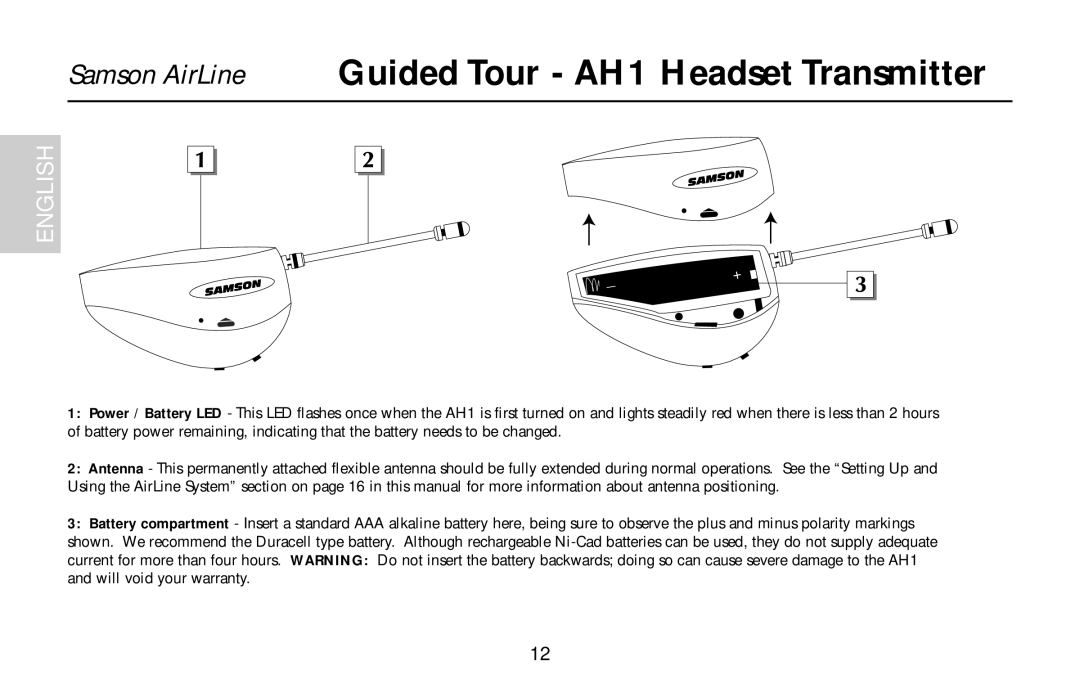 Samson AH1/QV, AH1/QE, AH1/35X owner manual Samson AirLine Guided Tour AH1 Headset Transmitter 