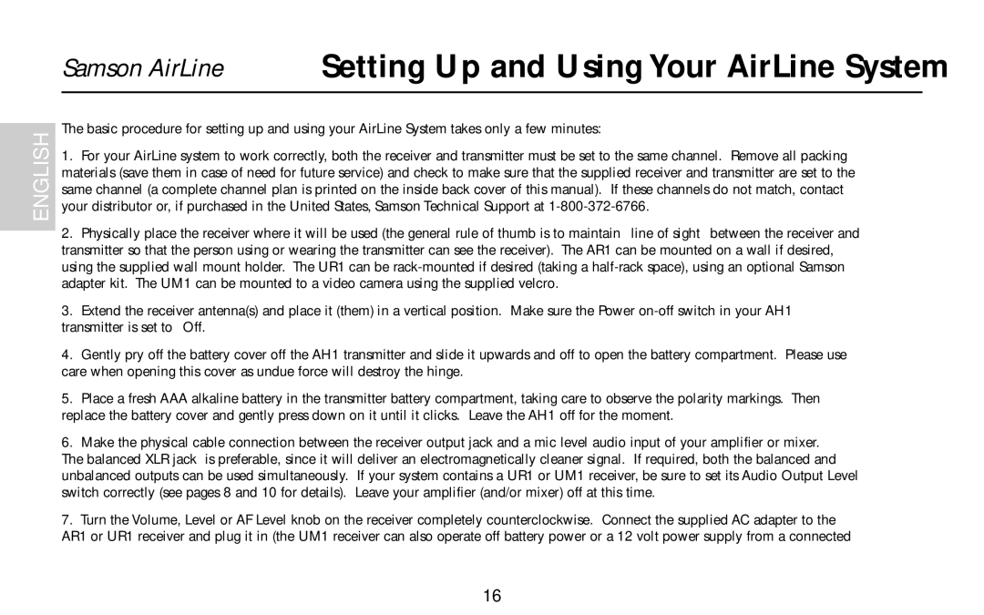 Samson AH1/QE, AH1/35X, AH1/QV owner manual Setting Up and Using Your AirLine System 