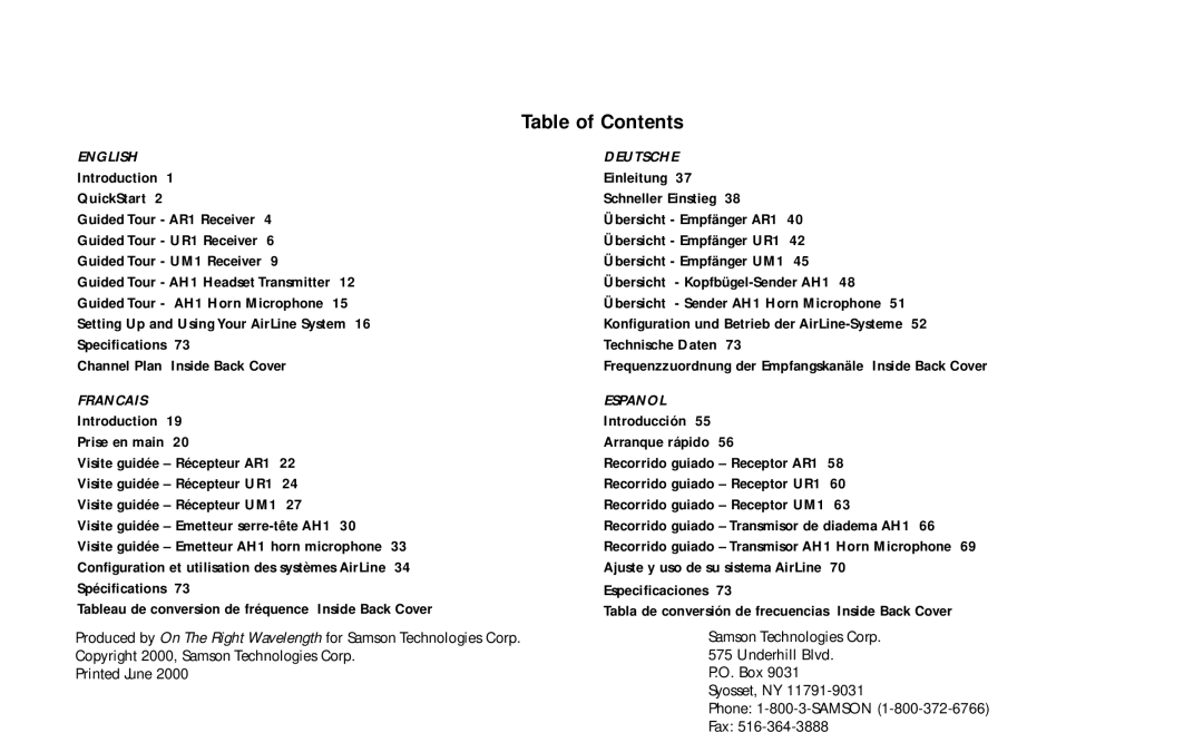 Samson AH1/QV, AH1/QE, AH1/35X owner manual Table of Contents 