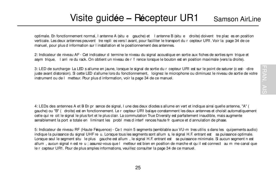 Samson AH1/QE, AH1/35X, AH1/QV owner manual Visite guidée Récepteur UR1 Samson AirLine 