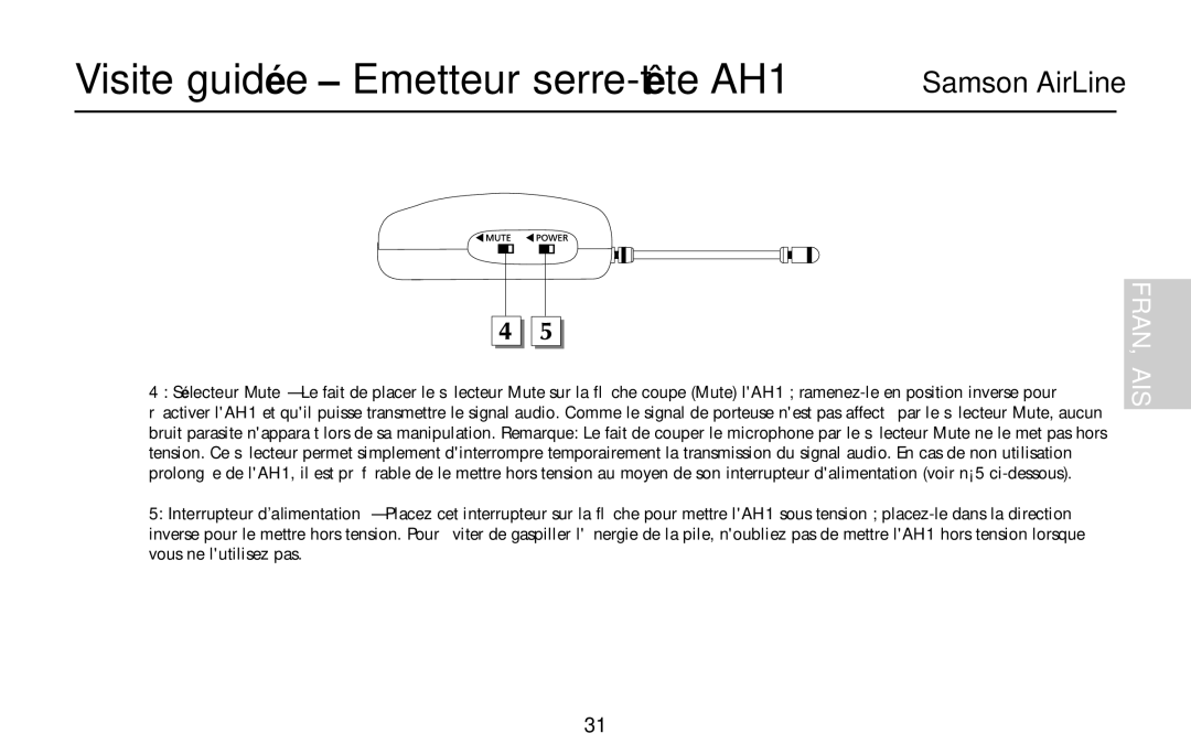 Samson AH1/QE, AH1/35X, AH1/QV owner manual Visite guidée Emetteur serre-tête AH1, Samson AirLine 