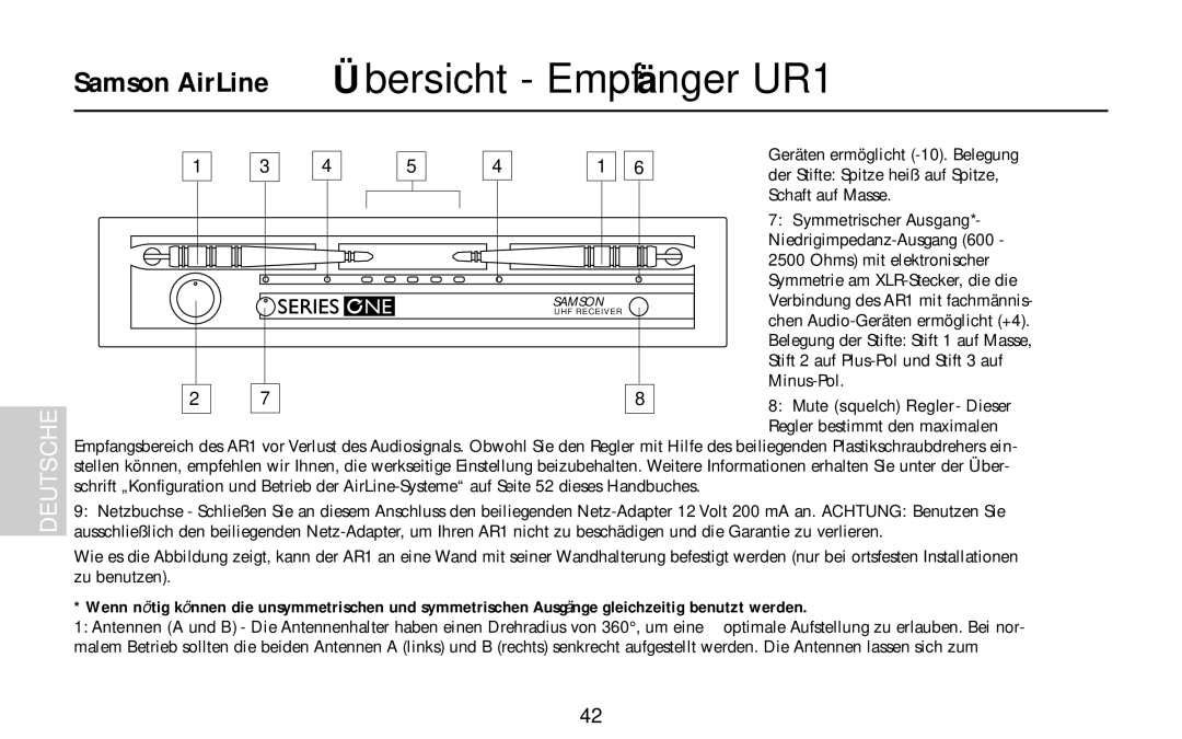 Samson AH1/QV, AH1/QE, AH1/35X owner manual Samson AirLine Übersicht Empfänger UR1, Symmetrischer Ausgang 