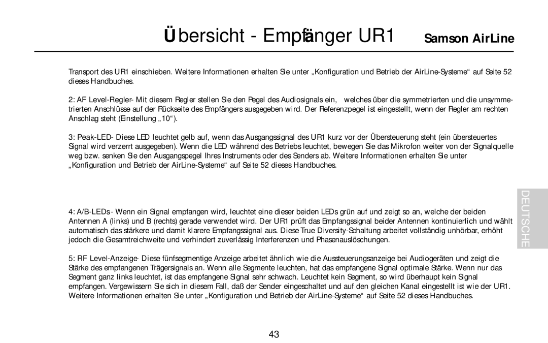 Samson AH1/QE, AH1/35X, AH1/QV owner manual Übersicht Empfänger UR1 Samson AirLine 