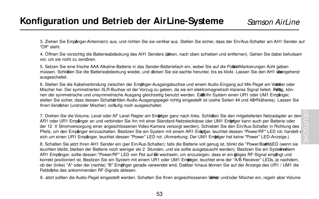 Samson AH1/35X, AH1/QE, AH1/QV owner manual Konfiguration und Betrieb der AirLine-Systeme 