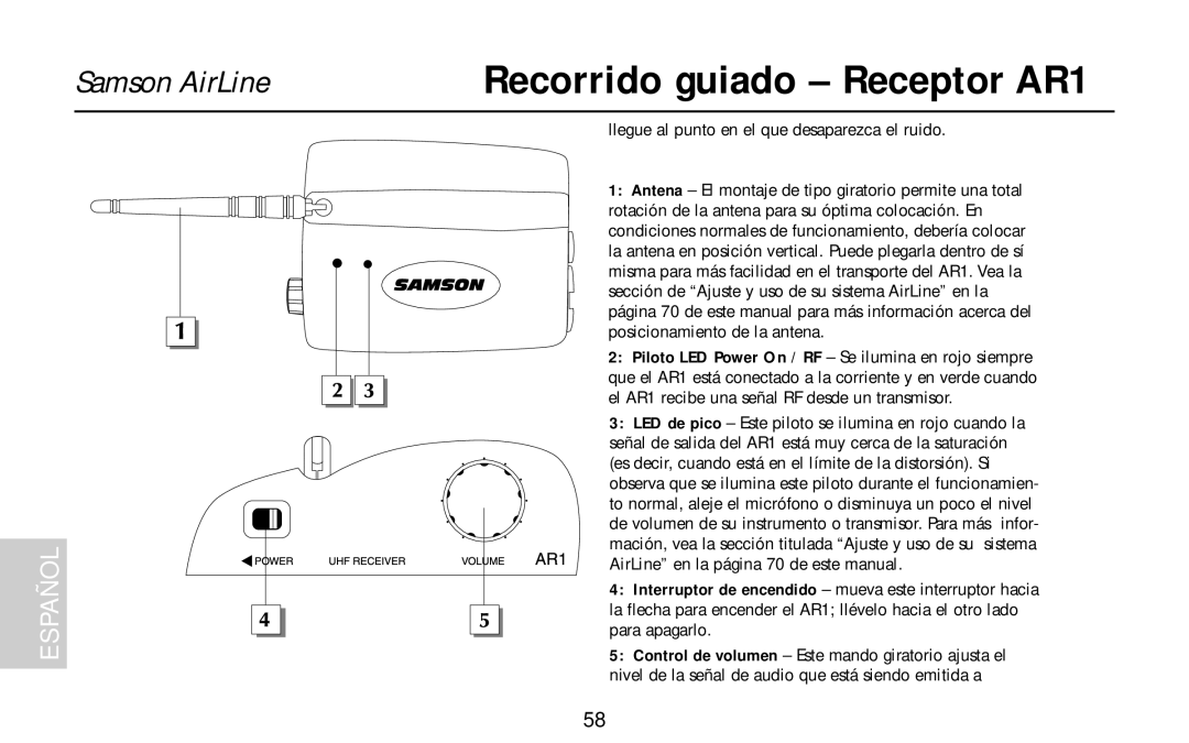 Samson AH1/QE, AH1/35X, AH1/QV owner manual Recorrido guiado Receptor AR1, El AR1 recibe una señal RF desde un transmisor 