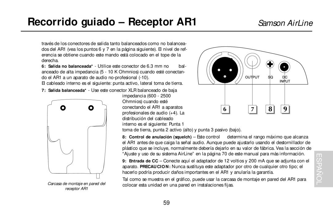 Samson AH1/35X, AH1/QE, AH1/QV owner manual Recorrido guiado Receptor AR1, Carcasa de montaje en pared del Receptor AR1 