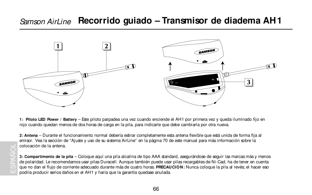 Samson AH1/QV, AH1/QE, AH1/35X owner manual Samson AirLine Recorrido guiado Transmisor de diadema AH1 