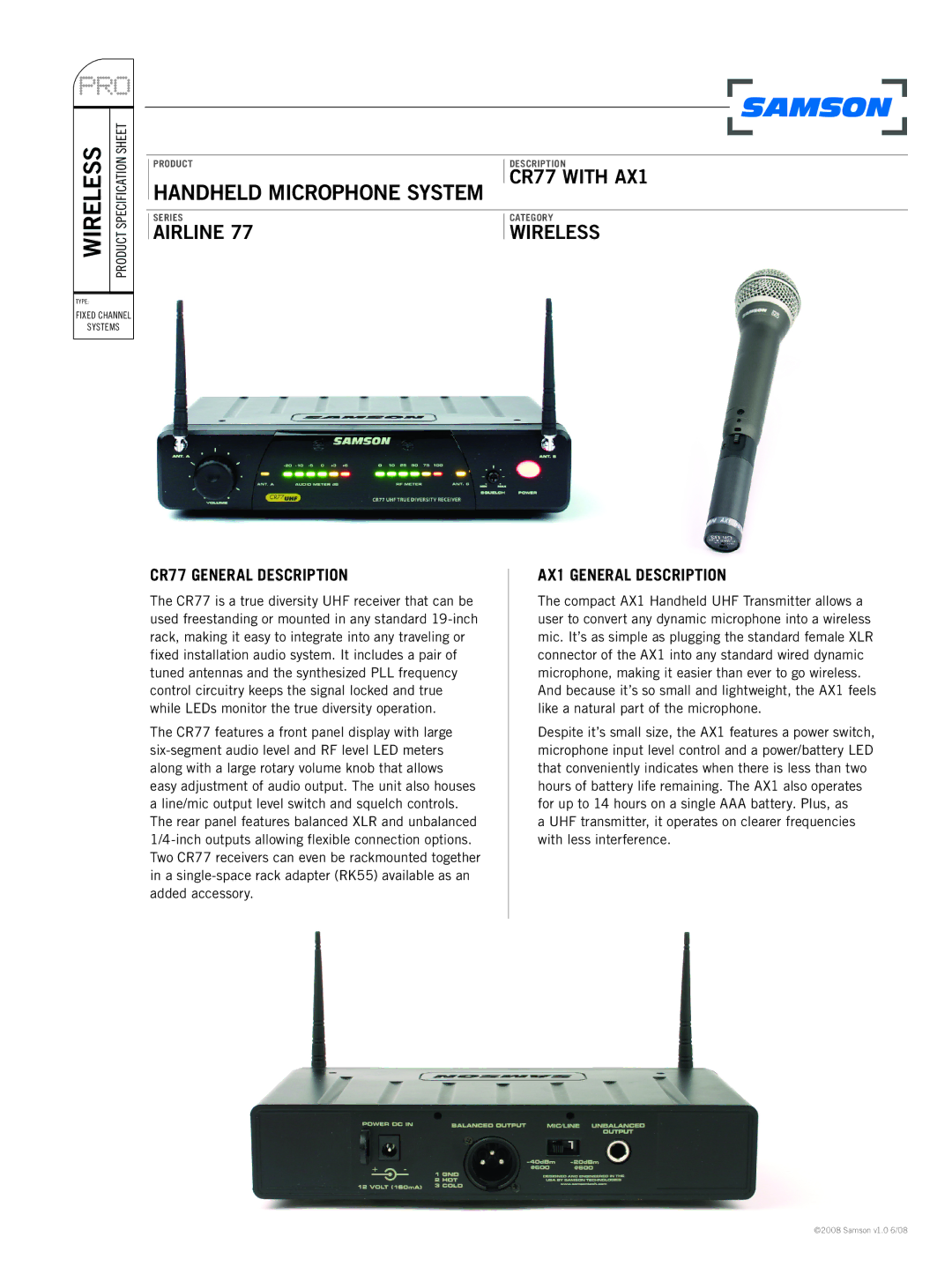 Samson Airline 77 specifications Wireless, CR77 General Description, AX1 General Description 