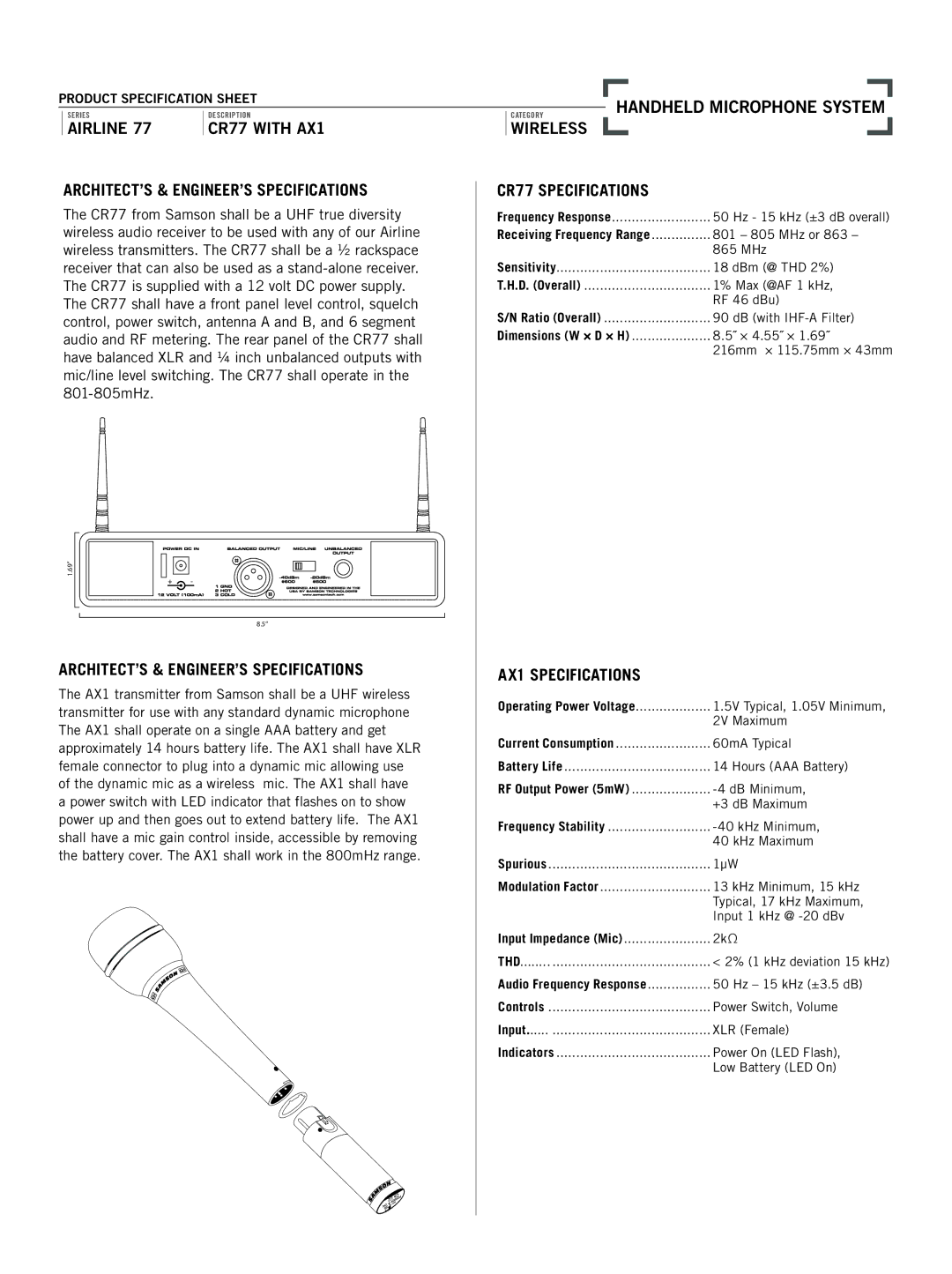 Samson Airline 77 specifications ARCHITECT’S & ENGINEER’S Specifications, CR77 Specifications, AX1 Specifications 