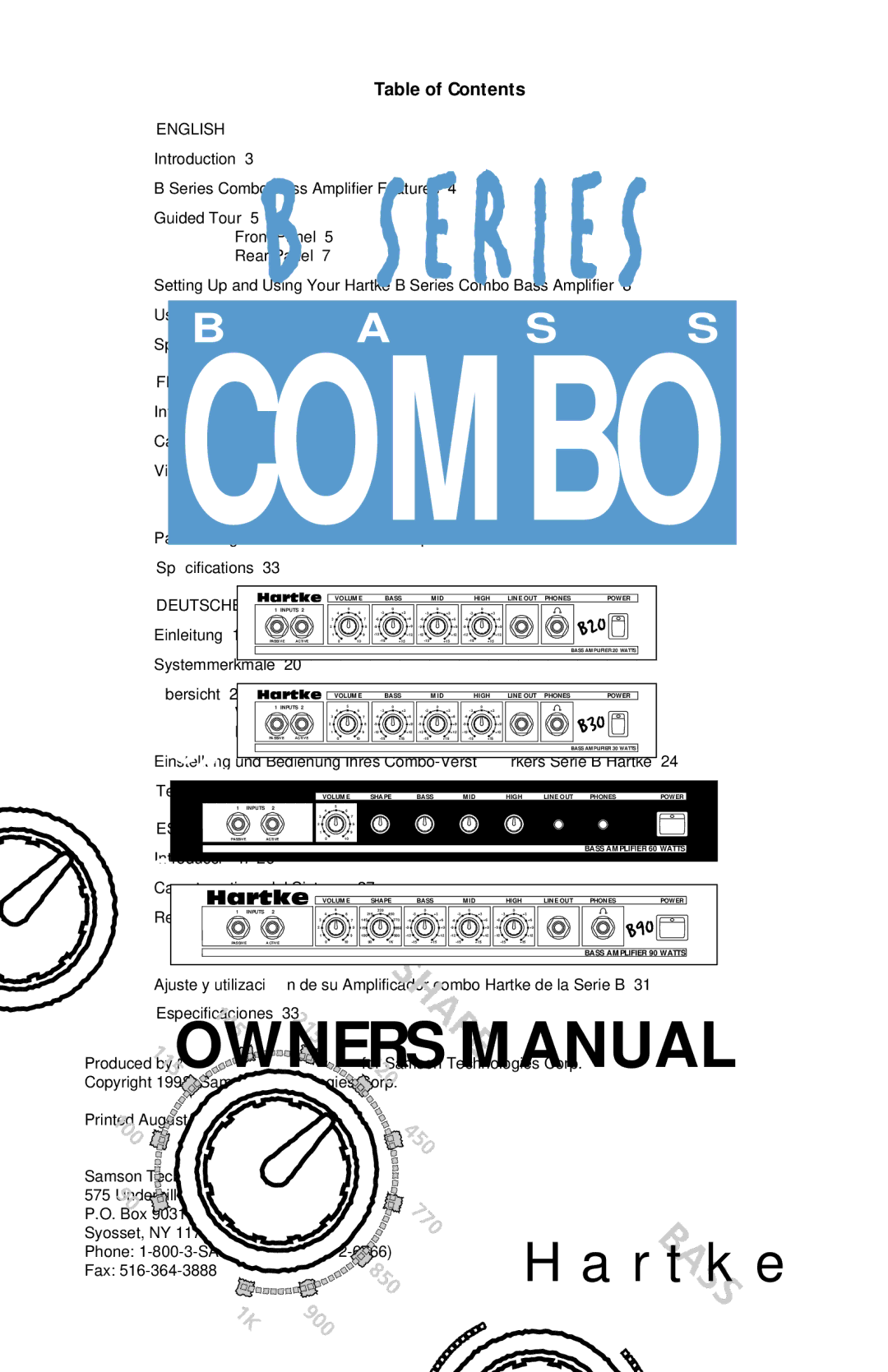 Samson B90 owner manual Table of Contents 