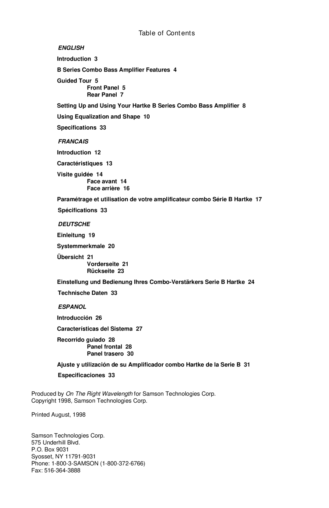 Samson B90 owner manual Table of Contents, English, Francais, Deutsche, Espanol 