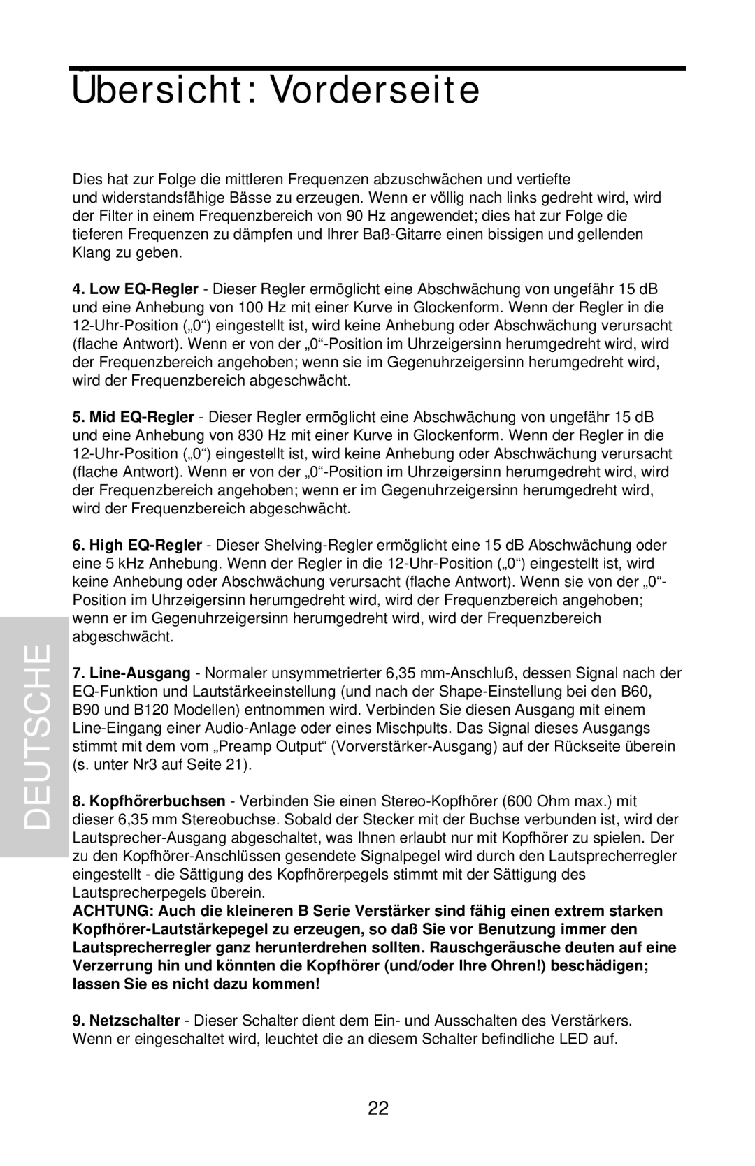 Samson B90 owner manual Übersicht Vorderseite, Deutsche 