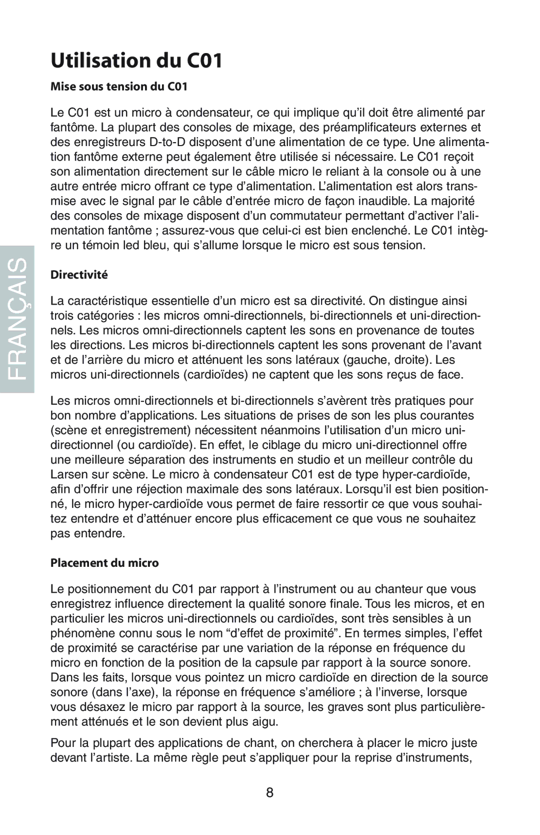 Samson manual Utilisation du C01, Mise sous tension du C01, Directivité, Placement du micro 