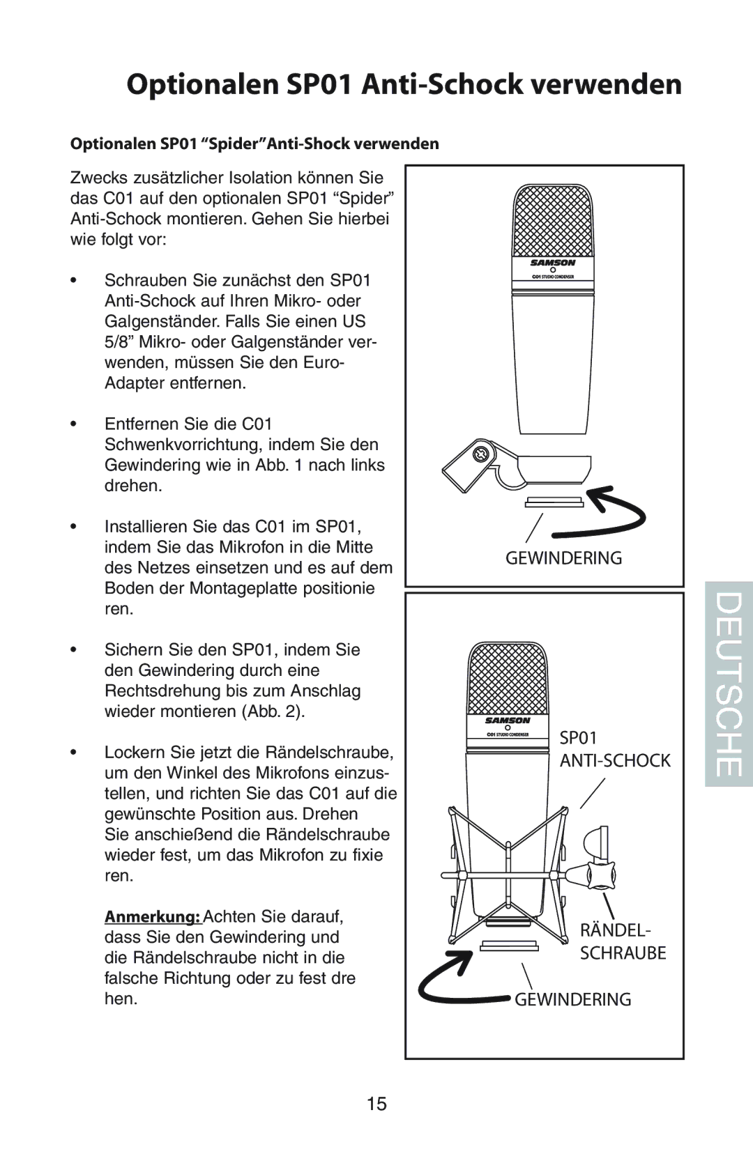 Samson C01 manual Optionalen SP01 Anti-Schock verwenden, Optionalen SP01 SpiderAnti-Shock verwenden 