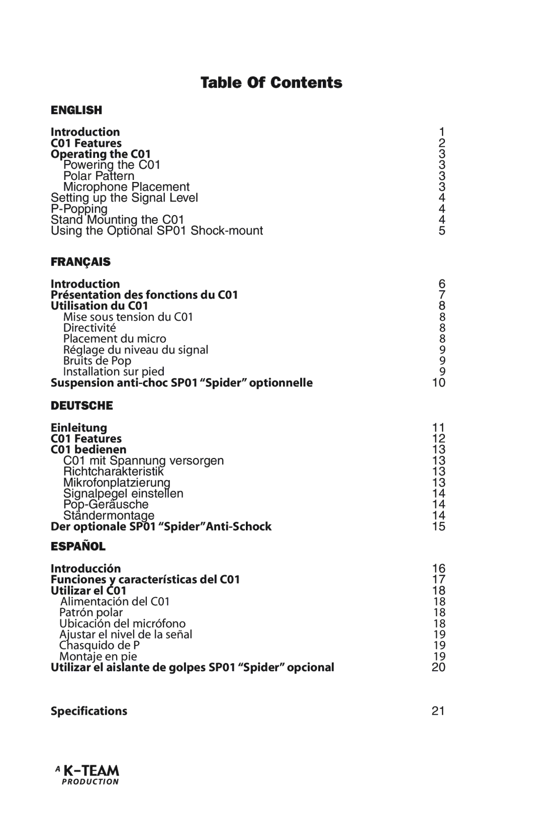 Samson C01 manual Table Of Contents 